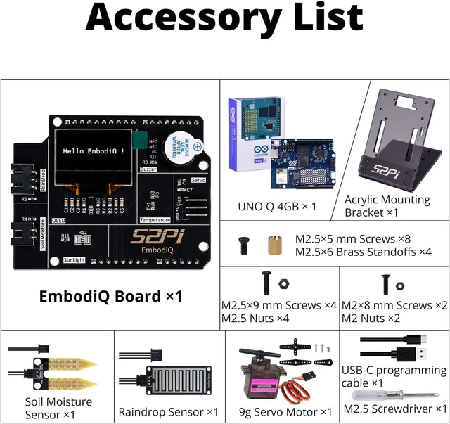 Alt view image 3 of 7 - EmbodiQ AI Starter Kit for UNO Q 4GB RAM, 32GB eMMC, AI Agent HAT, Soil Moisture & Raindrop Sensors, Servo, Acrylic Mount, Natural Language Control