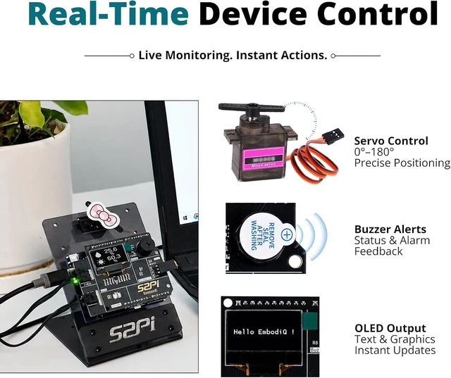 Alt view image 6 of 7 - EmbodiQ AI Starter Kit for UNO Q 4GB RAM, 32GB eMMC, AI Agent HAT, Soil Moisture & Raindrop Sensors, Servo, Acrylic Mount, Natural Language Control
