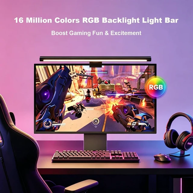Alt view image 3 of 7 - RGB Backlight Monitor Light Bar Ra98 Computer Lamp, 350LM Dimmable No-Glare Eye-Care LED Screen Bar, USB Desk Lamp, Works with Matter & Alexa