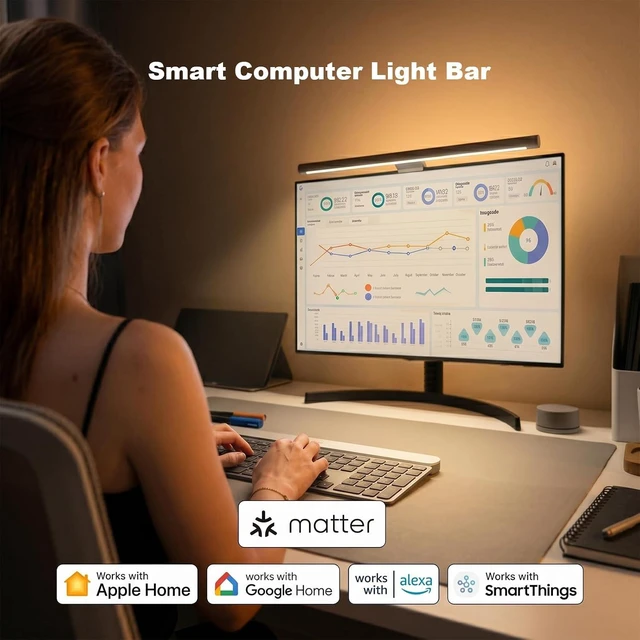 Alt view image 4 of 7 - RGB Backlight Monitor Light Bar Ra98 Computer Lamp, 350LM Dimmable No-Glare Eye-Care LED Screen Bar, USB Desk Lamp, Works with Matter & Alexa