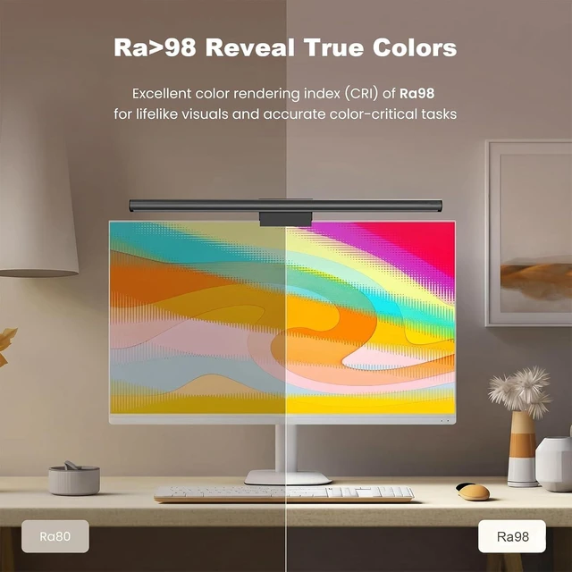 Alt view image 5 of 7 - RGB Backlight Monitor Light Bar Ra98 Computer Lamp, 350LM Dimmable No-Glare Eye-Care LED Screen Bar, USB Desk Lamp, Works with Matter & Alexa