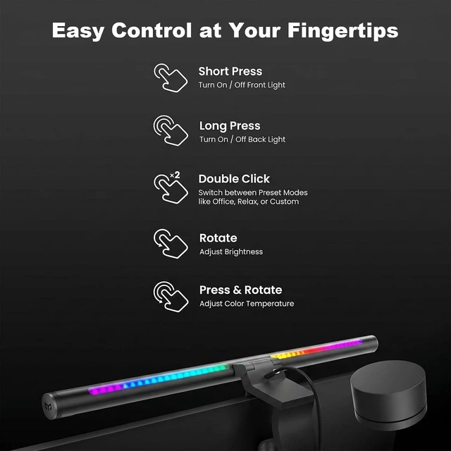 Alt view image 7 of 7 - RGB Backlight Monitor Light Bar Ra98 Computer Lamp, 350LM Dimmable No-Glare Eye-Care LED Screen Bar, USB Desk Lamp, Works with Matter & Alexa