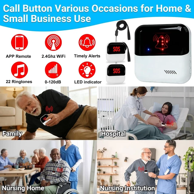 Alt view image 3 of 7 - WiFi Caregiver Pager Medical Alert System for Seniors 2 Call Buttons & 1 Receiver, App Control, No Monthly Fee for Elderly, Patients, Disabled