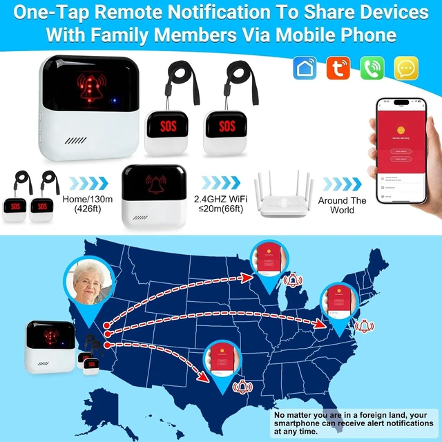 Alt view image 4 of 7 - WiFi Caregiver Pager Medical Alert System for Seniors 2 Call Buttons & 1 Receiver, App Control, No Monthly Fee for Elderly, Patients, Disabled