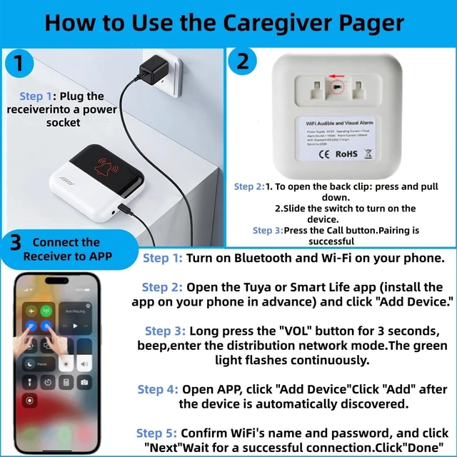 Alt view image 5 of 7 - WiFi Caregiver Pager Medical Alert System for Seniors 2 Call Buttons & 1 Receiver, App Control, No Monthly Fee for Elderly, Patients, Disabled