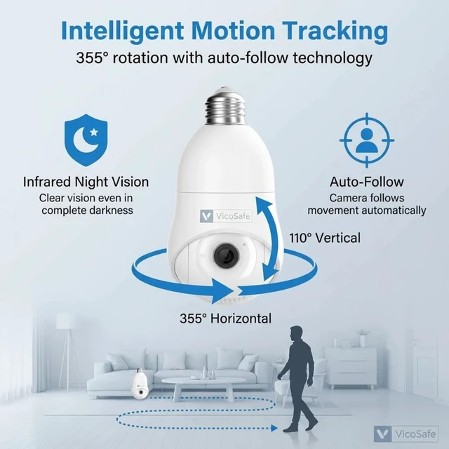 Alt view image 3 of 5 - VicoHome 2K HD Light Bulb Camera Indoor/Outdoor 360° View, Motion Detection, Color Night Vision, Two-Way Audio, Siren, Alexa, Easy Install