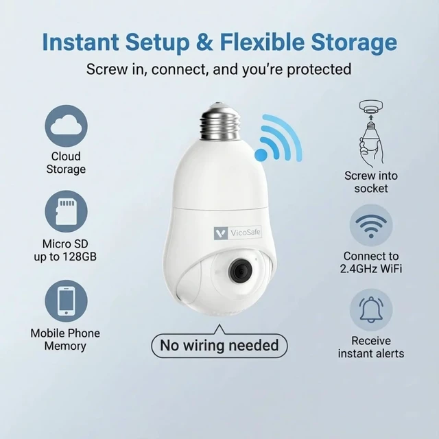 Alt view image 2 of 5 - VicoHome 2K HD Light Bulb Camera Indoor/Outdoor 360° View, Motion Detection, Color Night Vision, Two-Way Audio, Siren, Alexa, Easy Install