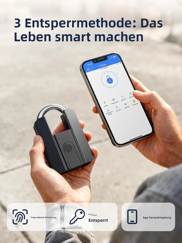 Alt view image 3 of 7 - Heavy-Duty Fingerprint Padlock IP67 Waterproof, 3-Way Unlock (Fingerprint/App/2 Keys), Bluetooth App Control & Logs, USB-C Charging, Stores 50 Prints for Gate, Shed, Fence