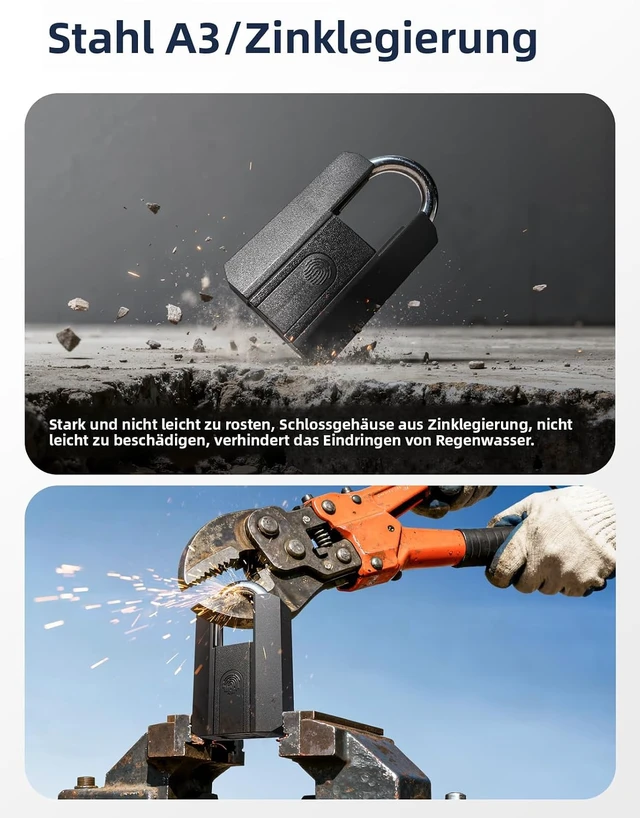 Alt view image 4 of 7 - Heavy-Duty Fingerprint Padlock IP67 Waterproof, 3-Way Unlock (Fingerprint/App/2 Keys), Bluetooth App Control & Logs, USB-C Charging, Stores 50 Prints for Gate, Shed, Fence