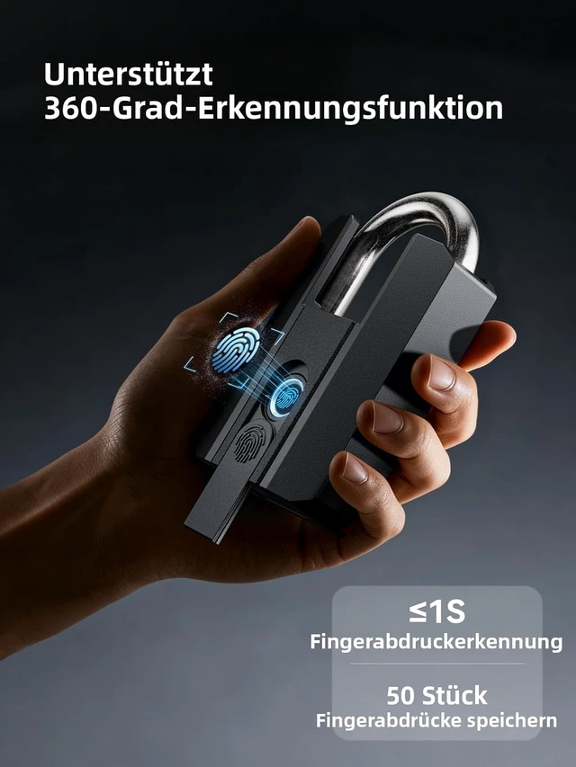 Alt view image 5 of 7 - Heavy-Duty Fingerprint Padlock IP67 Waterproof, 3-Way Unlock (Fingerprint/App/2 Keys), Bluetooth App Control & Logs, USB-C Charging, Stores 50 Prints for Gate, Shed, Fence