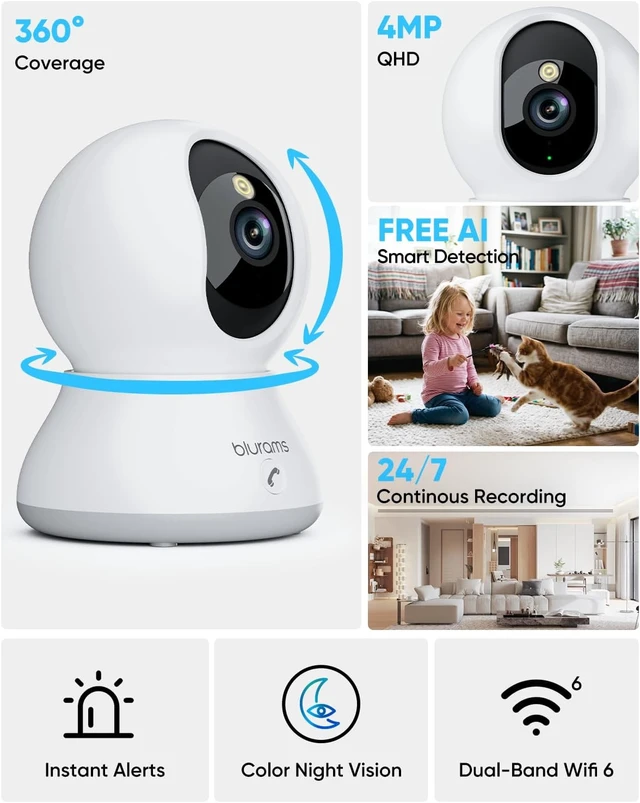 Alt view image 2 of 7 - 4MP 360° PTZ Indoor Pet Camera with Phone App, One-Touch Call, Dual-Band WiFi 6, Free Human/Pet/Motion/Sound/Cry Detection, Alexa Compatible