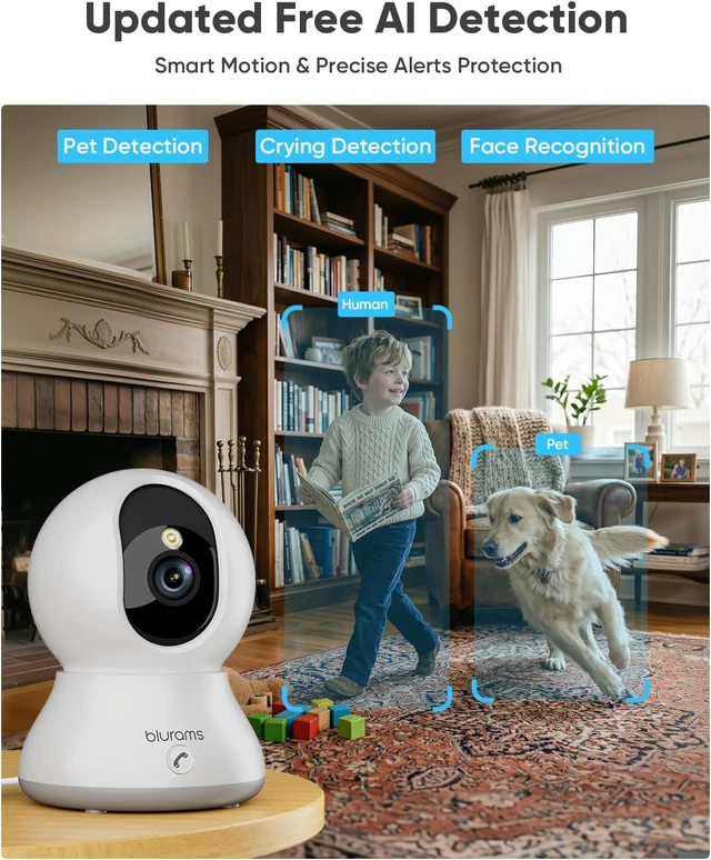 Alt view image 5 of 7 - 4MP 360° PTZ Indoor Pet Camera with Phone App, One-Touch Call, Dual-Band WiFi 6, Free Human/Pet/Motion/Sound/Cry Detection, Alexa Compatible