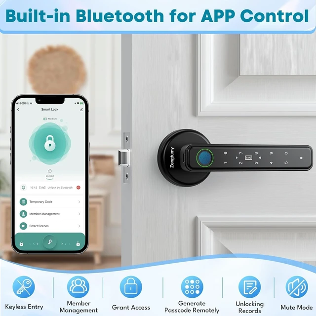Alt view image 4 of 6 - Biometric Fingerprint Door Lock with App, Password, Key & IC Card Access Smart Lock for Home, Hotel, Office, Apartment, Black