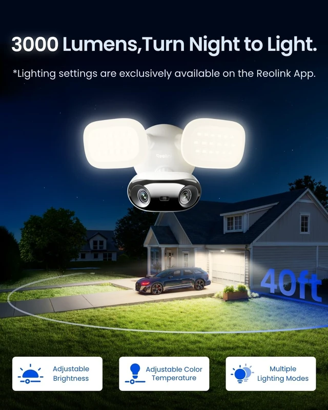 Alt view image 5 of 7 - 4K 8MP Floodlight Camera with 180° Panoramic View, Adjustable 3000 Lumens
