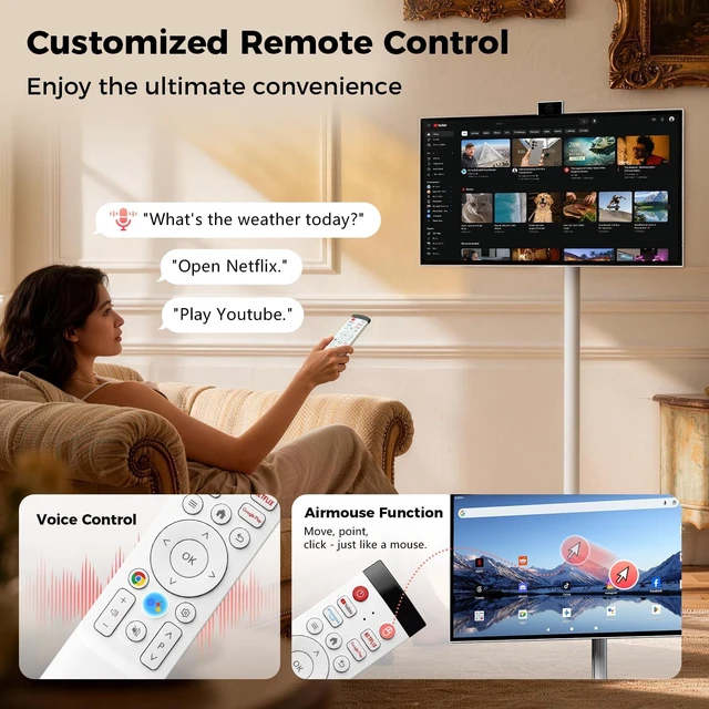 Alt view image 2 of 7 - 27" Portable Smart Touchscreen Tablet TV on Wheels, Android 15 OS with Google EDLA Certification, 6GB+128GB, Built-in Battery, 4K Camera, Wireless Casting, Rotating Rolling Stand