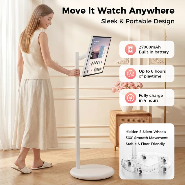 Alt view image 4 of 7 - 27" Portable Smart Touchscreen Tablet TV on Wheels, Android 15 OS with Google EDLA Certification, 6GB+128GB, Built-in Battery, 4K Camera, Wireless Casting, Rotating Rolling Stand