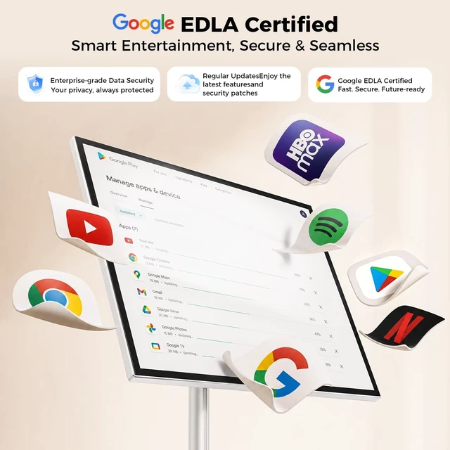 Alt view image 6 of 7 - 27" Portable Smart Touchscreen Tablet TV on Wheels, Android 15 OS with Google EDLA Certification, 6GB+128GB, Built-in Battery, 4K Camera, Wireless Casting, Rotating Rolling Stand