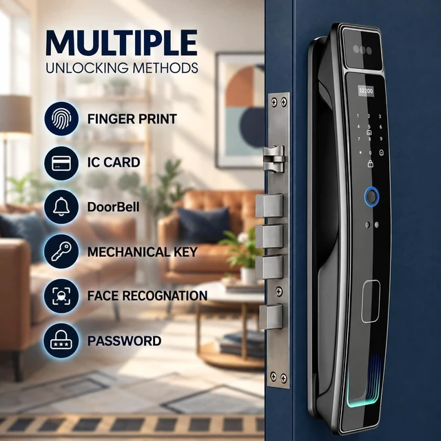Alt view image 2 of 7 - Smart Door Lock with Camera & 3D Face Recognition, Keyless Entry with Fingerprint, Password, IC Card, App Control & Doorbell, Secure Mortise Lock for Front Door (Usmart App)