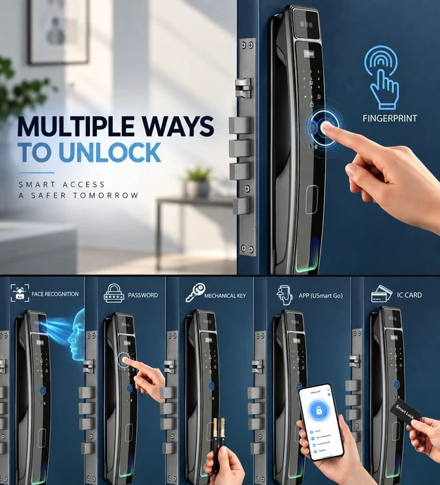Alt view image 5 of 7 - Smart Door Lock with Camera & 3D Face Recognition, Keyless Entry with Fingerprint, Password, IC Card, App Control & Doorbell, Secure Mortise Lock for Front Door (Usmart App)