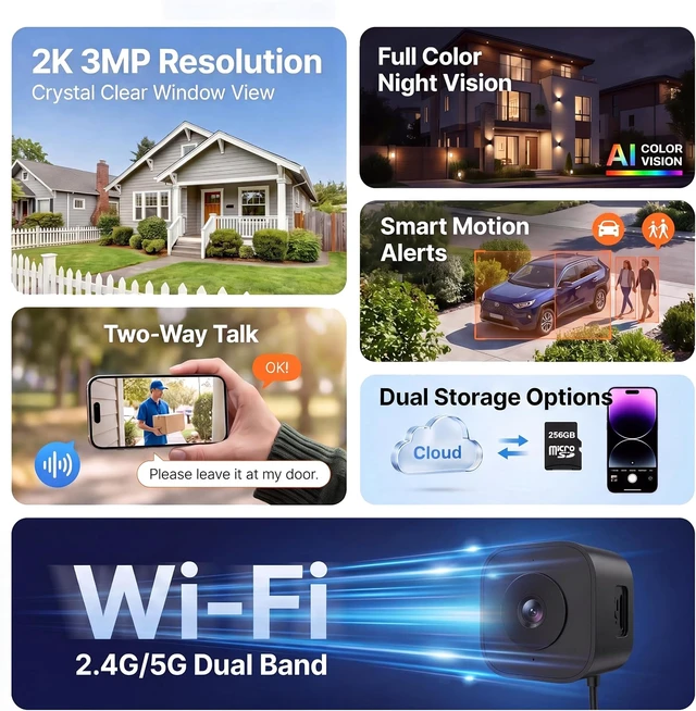 Alt view image 7 of 7 - No-Drill 3MP 2K Window Camera for Home Security, View Outside Through Glass, Color Night Vision, Motion Alerts, 24/7 Recording, Dual-Band WiFi (Black, Square)