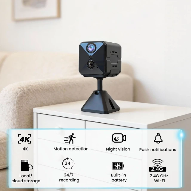 Alt view image 2 of 7 - 2026 Upgraded 4K HD Mini Security Camera, Wireless WiFi Indoor Nanny Cam with Night Vision, Motion Detection, Remote Viewing & 100-Day Battery Life