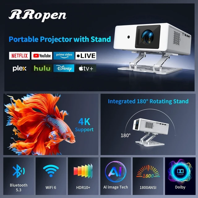 Alt view image 2 of 7 - 4K Projector with WiFi & Bluetooth, Built-in Apps, Native 1080P, 1800 ANSI Lumens, Auto Focus & Dolby Audio Movie Projector for Bedroom, Home