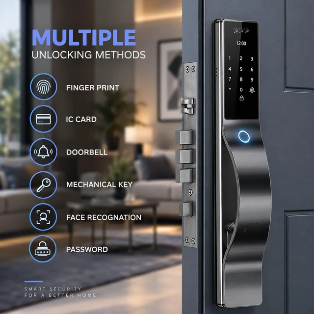 Alt view image 2 of 7 - Smart Door Lock with Camera & 3D Face Recognition, Keyless Entry with Fingerprint, Passcode, IC Card, Mechanical Key, Doorbell, Video Intercom, Auto-Lock, WiShome App