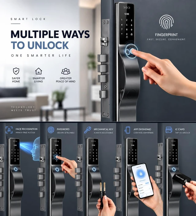 Alt view image 4 of 7 - Smart Door Lock with Camera & 3D Face Recognition, Keyless Entry with Fingerprint, Passcode, IC Card, Mechanical Key, Doorbell, Video Intercom, Auto-Lock, WiShome App