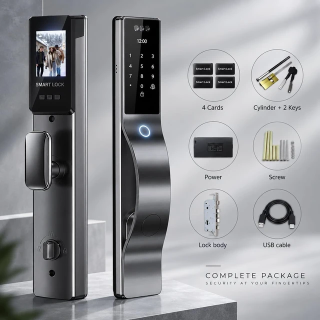 Alt view image 6 of 7 - Smart Door Lock with Camera & 3D Face Recognition, Keyless Entry with Fingerprint, Passcode, IC Card, Mechanical Key, Doorbell, Video Intercom, Auto-Lock, WiShome App