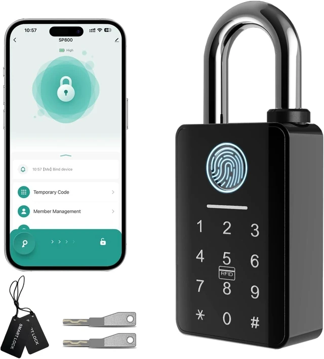 Main image of Heavy Duty Fingerprint Padlock with Key & Code Keypad, Smart Combination Gate Lock for Fence, Gate & Storage Unit, Tuya App, Waterproof (10 mm Shackle)