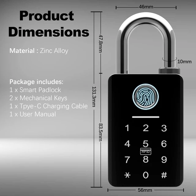 Alt view image 5 of 7 - Heavy Duty Fingerprint Padlock with Key & Code Keypad, Smart Combination Gate Lock for Fence, Gate & Storage Unit, Tuya App, Waterproof (10 mm Shackle)