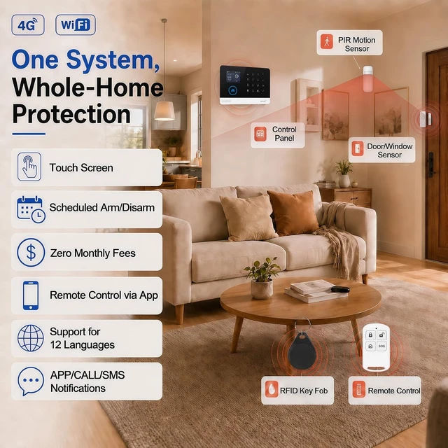 Alt view image 2 of 7 - Wireless Home Alarm System, 12 Pcs, WiFi + GSM/4G, No Monthly Fees
