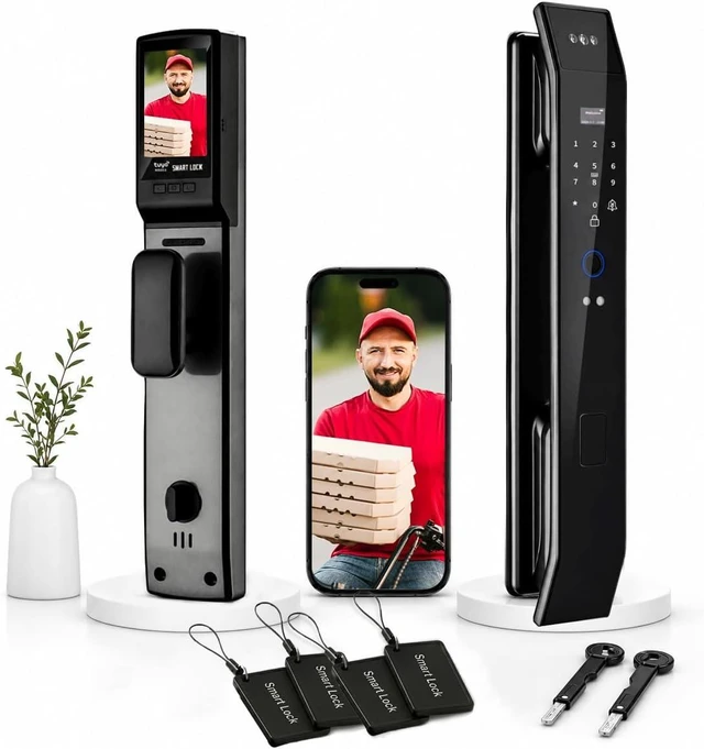 Main image of Smart Door Lock with 3D Face Recognition & Camera, Intercom, Video Doorbell, Fingerprint Keyless Entry, Password, IC Card, Key, Alexa via Tuya App, Front Door Security