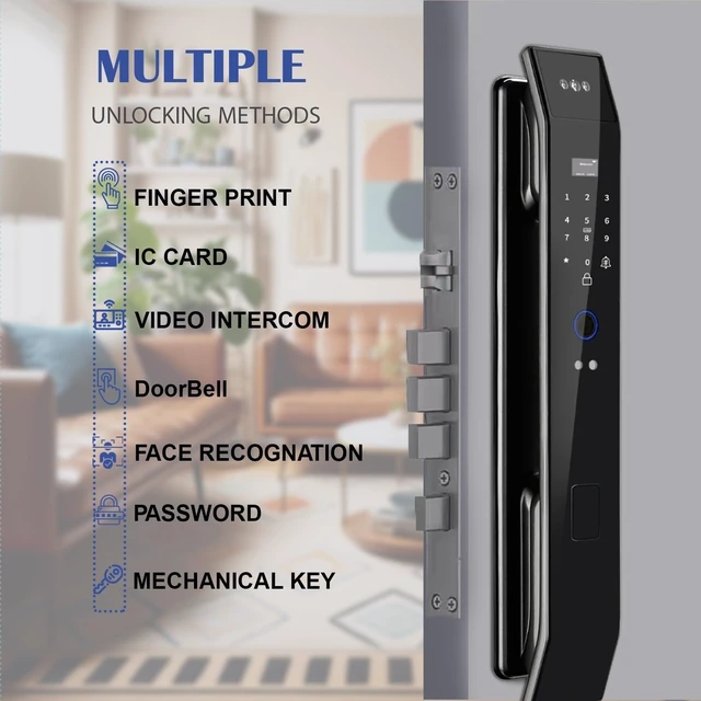 Alt view image 2 of 7 - Smart Door Lock with 3D Face Recognition & Camera, Intercom, Video Doorbell, Fingerprint Keyless Entry, Password, IC Card, Key, Alexa via Tuya App, Front Door Security