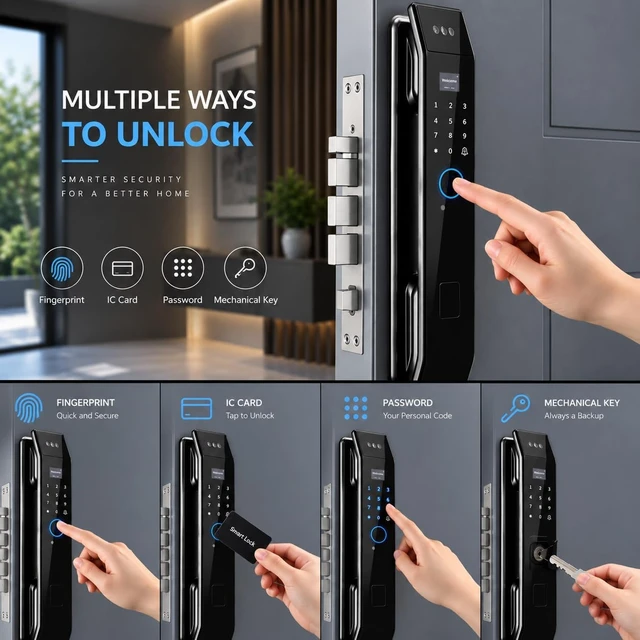 Alt view image 3 of 7 - Smart Door Lock with 3D Face Recognition & Camera, Intercom, Video Doorbell, Fingerprint Keyless Entry, Password, IC Card, Key, Alexa via Tuya App, Front Door Security