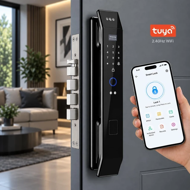 Alt view image 6 of 7 - Smart Door Lock with 3D Face Recognition & Camera, Intercom, Video Doorbell, Fingerprint Keyless Entry, Password, IC Card, Key, Alexa via Tuya App, Front Door Security
