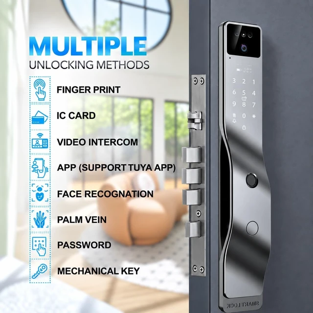 Alt view image 2 of 7 - 3D Face Recognition Smart Door Lock with 1080p Camera, Keyless Entry Deadbolt with Palm Vein, Fingerprint, Video Intercom, Alexa & Tuya App Control, Auto-Lock for Front Door Security