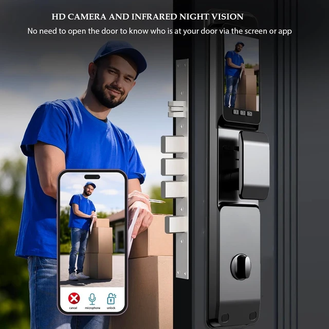 Alt view image 4 of 7 - 3D Face Recognition Smart Door Lock with 1080p Camera, Keyless Entry Deadbolt with Palm Vein, Fingerprint, Video Intercom, Alexa & Tuya App Control, Auto-Lock for Front Door Security