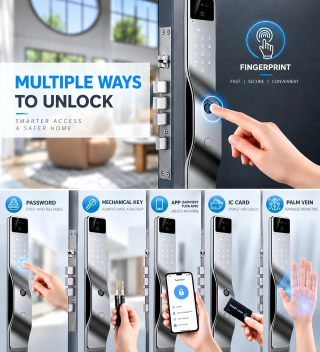 Alt view image 5 of 7 - 3D Face Recognition Smart Door Lock with 1080p Camera, Keyless Entry Deadbolt with Palm Vein, Fingerprint, Video Intercom, Alexa & Tuya App Control, Auto-Lock for Front Door Security