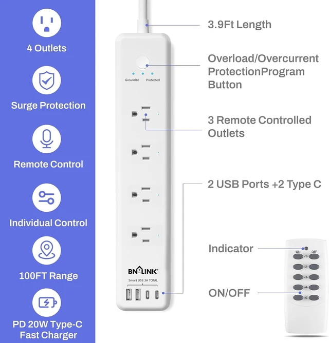 Alt view image 2 of 7 - Remote Control Power Strip with 4 Independent Outlets & 4 USBs