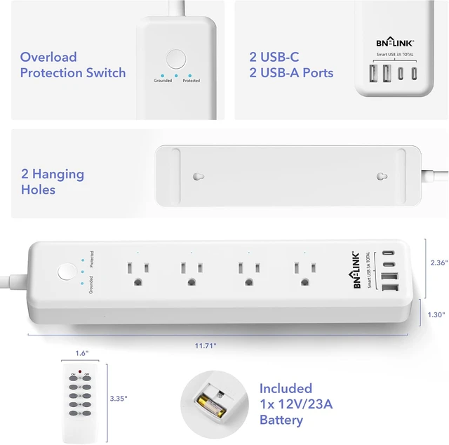Alt view image 7 of 7 - Remote Control Power Strip with 4 Independent Outlets & 4 USBs