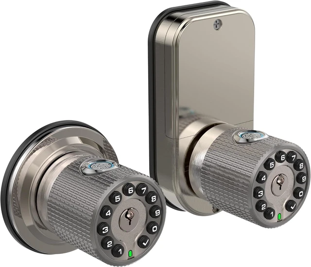 Main image of Double Sided Keyless Door Knob Lock with Fingerprint & Keypad, Smart Doorknob with Dual Cylinders for Exterior/Interior Doors (Double Sided Fingerprint Satin Nickel)
