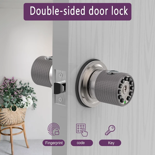 Alt view image 2 of 6 - Double Sided Keyless Door Knob Lock with Fingerprint & Keypad, Smart Doorknob with Dual Cylinders for Exterior/Interior Doors (Double Sided Fingerprint Satin Nickel)