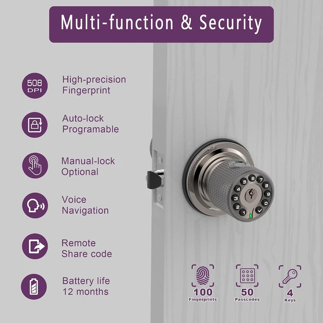 Alt view image 3 of 6 - Double Sided Keyless Door Knob Lock with Fingerprint & Keypad, Smart Doorknob with Dual Cylinders for Exterior/Interior Doors (Double Sided Fingerprint Satin Nickel)