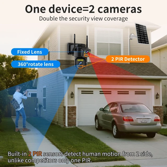 Alt view image 3 of 7 - Dual Lens Solar Security Cameras Outdoor WiFi, 5G/2.4G, Motion Detection, Night Vision, 2-Way Audio, Weatherproof, No Subscription Fee