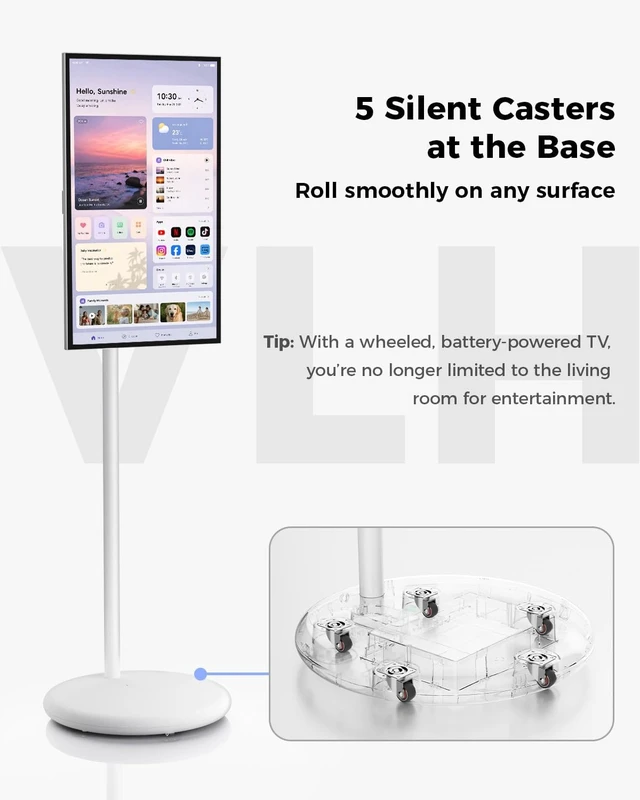Alt view image 2 of 7 - 27 FHD Touch Screen Rolling TV, Smart Portable TV on Wheels, 6G+128GB, 27000mAh Battery, Android 15 OS, EDLA-Certified, Built-in 13MP Camera, Voice Remote Control