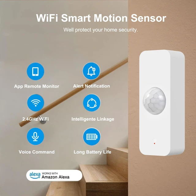 Alt view image 2 of 7 - WiFi Smart Motion Sensor for Home Security, Wireless Motion Detector with App Remote Monitor, Voice Command Compatible with Alexa, 4 Pack