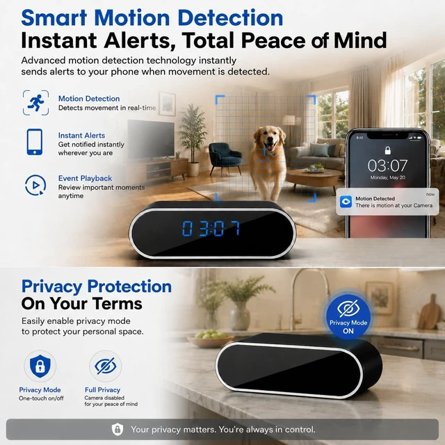 Alt view image 5 of 6 - 1080P HD Clock Hidden Camera WiFi, Indoor Wireless Spy Camera with Motion Detection, Night Vision, Remote Monitoring, Nanny Cam for Home, Office, Elderly, Baby & Pet