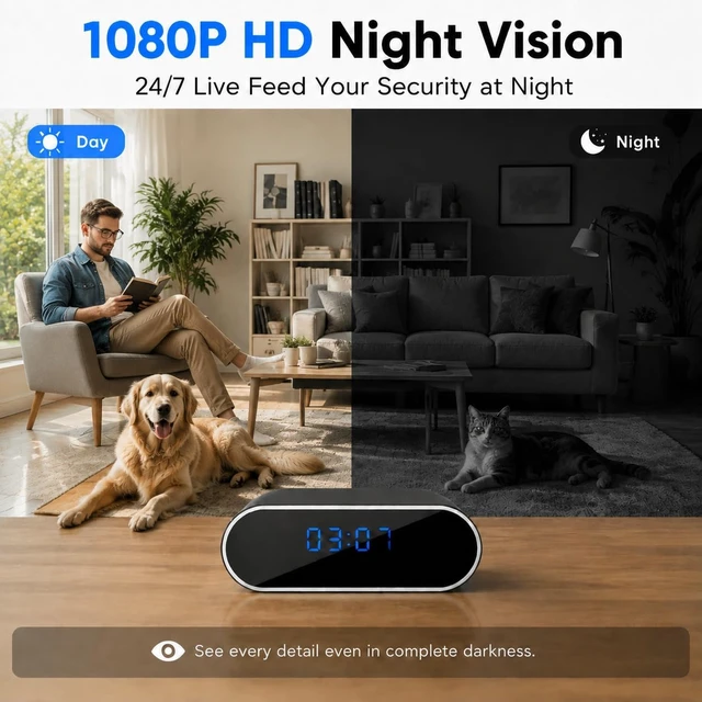 Alt view image 6 of 6 - 1080P HD Clock Hidden Camera WiFi, Indoor Wireless Spy Camera with Motion Detection, Night Vision, Remote Monitoring, Nanny Cam for Home, Office, Elderly, Baby & Pet