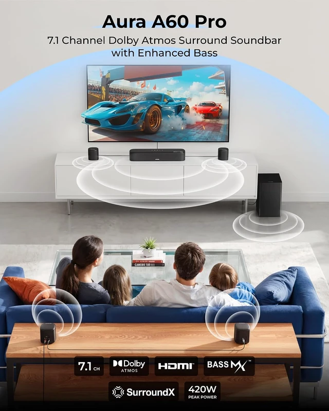 Alt view image 2 of 7 - 7.1ch Surround Sound System for TV with Dolby Atmos, Aura A60 Pro
